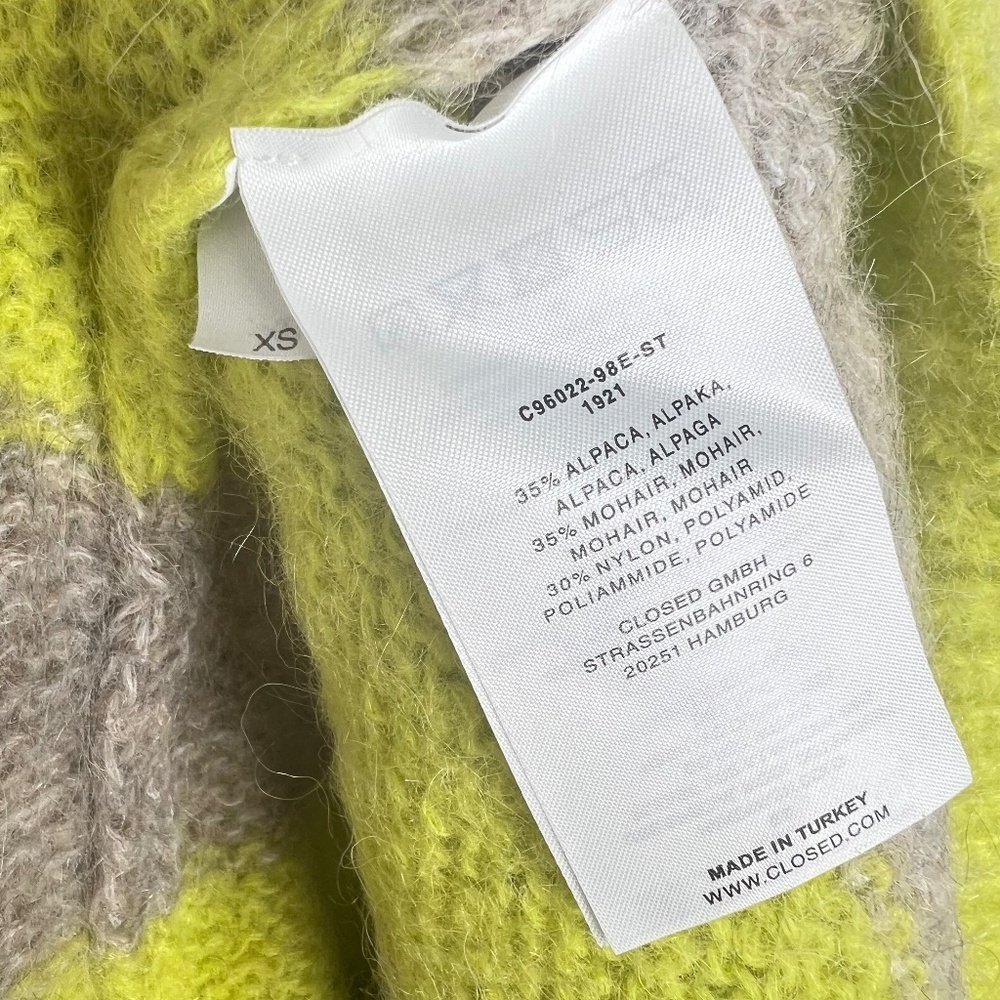 Closed Alpaca Mohair Neon Green Tan Knit Crew Neck Sweater XS - Picture 4 of 5